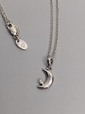 New Sterling Silver Crescent Moon Necklace Natural Diamond 15" Celestial Boho